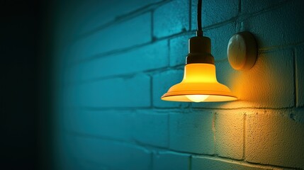 Obraz premium Warm lamp glows on textured brick wall against cool background