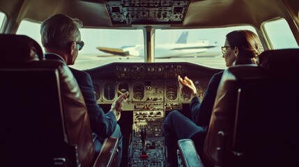 Cockpit Scene with Two Pilots Discussing Flight Operations