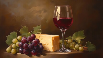 Elegant wine glass filled with red wine, paired with cheese and grapes.