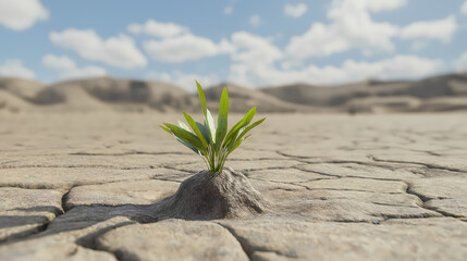 Plant Sprouting in Arid Desert Landscape Symbolizing Resilience and Hope