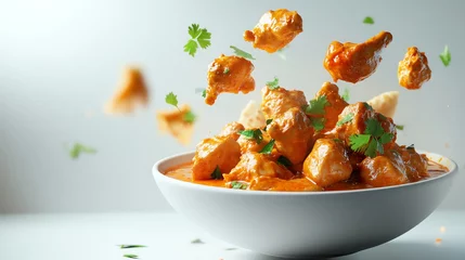 Delicious Chicken Tikka Masala in White Bowl with Flying Pieces © mh