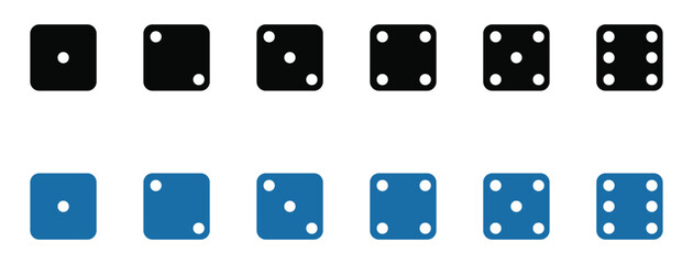  White, black, blue game dice cubes from one to six dots. Gambling objects to play in casino, poker. Six faces of cube. Traditional die with numbers of dots from 1 to 6. Vector.