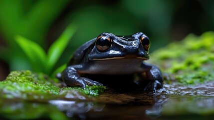 Obraz premium Black frog resting on mossy rock