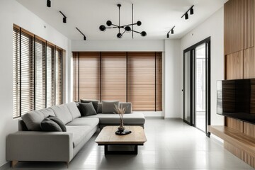 Modern living room interior with a sofa and wooden features present