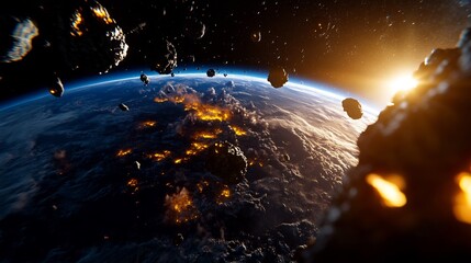 Celestial collision: A dramatic depiction of meteorites striking Earth - obrazy, fototapety, plakaty