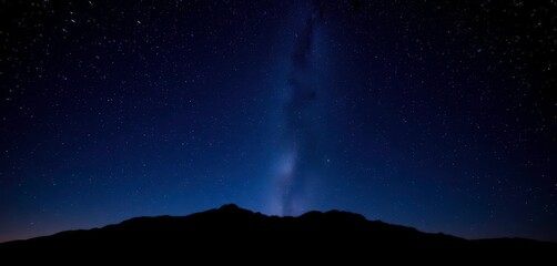 Fototapeta premium Vast night sky ablaze with stars above a silhouetted mountain range, travel, outdoors