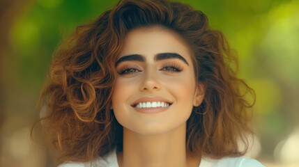 Fototapeta premium Smiling young caucasian female with curly hair outdoors in nature