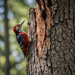 A woodpecker hammering on a tree trunk in a vibrant springtime forest. A woodpecker hammering away at a tree trunk, its red head bobbing up and down