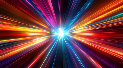 Colorful light beams converging in the center on black background