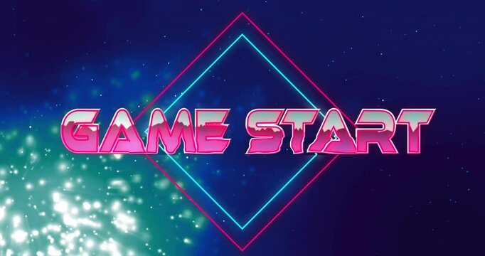 Glowing animation of Game Start text over vibrant shapes and starry background - Powered by Adobe