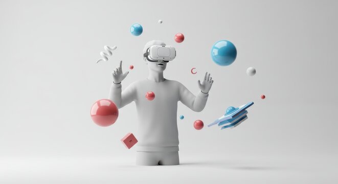 Man immersed in virtual augmented reality experience with digital futuristic cyberspace elements for innovative metaverse technology product presentation - Powered by Adobe