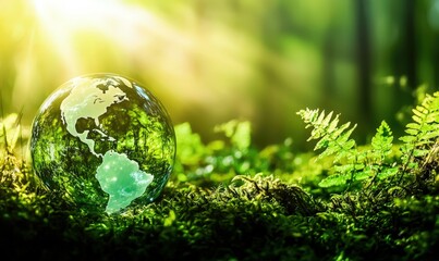 Glass Earth globe resting on moss and ferns in glowing sunlight, representing sustainability, green energy, biodiversity, nature conservation, and ecological harmony