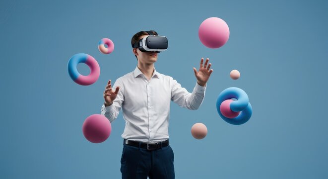 Man in virtual reality headset interacts with abstract pink and blue shapes hovering mid air. Metaverse experience for innovative future tech, augmented innovation