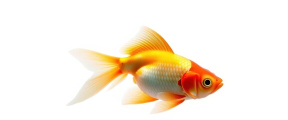 Fototapeta premium Single vibrant goldfish isolated on pure white background, aquatic life, cyprinid