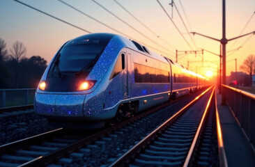 Naklejka premium Modern train travels on the railway during sunset. Passenger transportation concept.