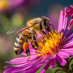 "A close-up of a bee collecting nectar from a wildflower, with sunlight shining on the pollen-covered legs, capturing the vivid colors of the flower and insect."
