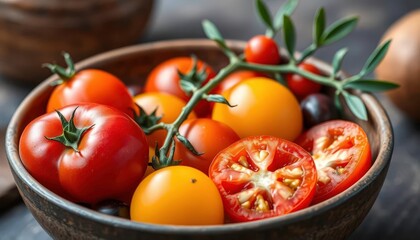 Vibrant heirloom tomatoes & Kalamata olives in a rustic bowl,  recipe,  vegetables