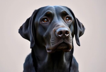 Fototapeta premium Sleek, black Labrador Retriever, ears down, attentive gaze, dog, sitting