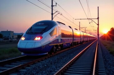 Naklejka premium A modern train travels along a railway during sunset.