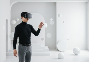 Man using vr headset in white futuristic room with abstract decoration for creative it solutions, modern digital communication, innovative metaverse experience.