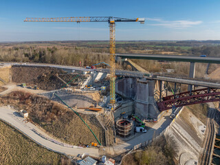 Aerial view of bridge replacement construction. The Levensau High Bridge that spans the Kiel Canal...