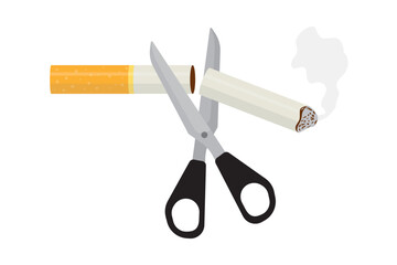 No Smoking Day. Scissors cutting cigarette in half design concept. Quit smoking and World No Tobacco Day. Reject tobacco. nicotine restrictions. Quitting a bad habit.