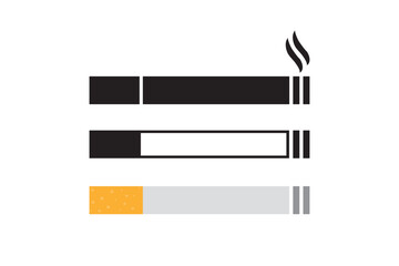 Set of cigarette icons. Cigarette signs and black silhouette icons or pictogram template. Bad addiction, tobacco and nicotine product. unhealthy lifestyle. No smoking.