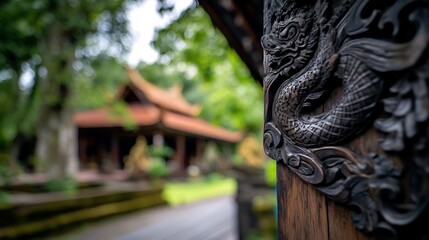 Exquisite Wood Carving of a Dragon in a Tranquil Asian Temple Garden