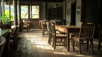 Fototapeta premium wooden tables and chairs in a restaurant 
