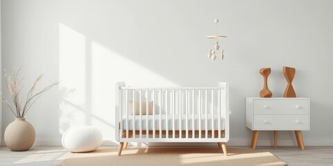 Sleek white crib, geometric mobile, natural wood accents, simple decor, mobile, kids