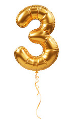 Golden foil balloon in form of number 3. Inflatable gold balloon, digit three, isolated. Festive decoration for birthday, anniversary or other holiday celebration. 3D realistic vector illustration © Pagina