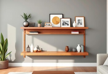Sleek wood floating shelf displays stylish decor, offering ample storage in contemporary living room, interior,  aesthetic