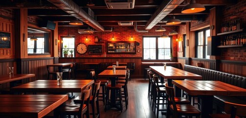 Warm, rustic wooden bar tables in a cafe setting, coffee shop, natural