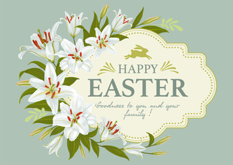 Obraz premium Happy Easter greeting card, banner, postcard template. White lily flowers and greeting text in the vintage frame on light green background. Vector illustration