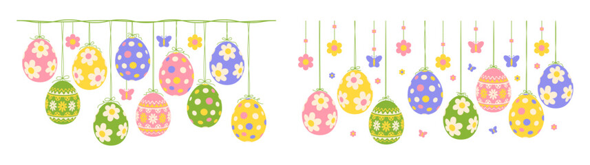 Cute Easter decorations set, garlands. Colored Easter eggs with various patterns, flowers hanging on threads with small bows. Minimalist vector illustration