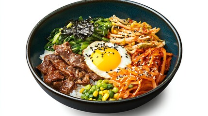 Fototapeta premium Serving Bibimbap Bowl with Fried Egg and Colorful Korean Vegetables