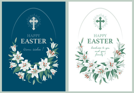 Happy Easter greeting card, banner, postcard template, vintage style. White lily flowers, christian cross and greeting text in the egg shaped frame on blue or white background. Vector illustration