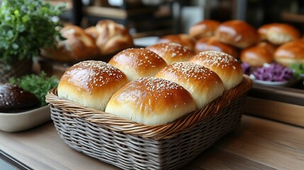 Soft fluffy dinner rolls placed in a wicker basket on a rustic bakery counter surrounded by loaves of freshly baked bread and other items in a cozy bakery environment