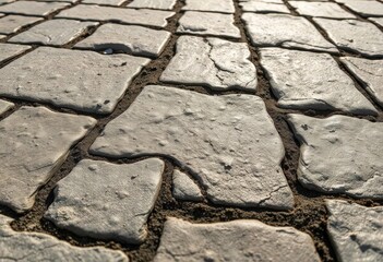 Weathered stone pavement, close-up texture showing age and wear, detail, detail