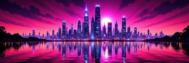 Fototapeta premium Futuristic city skyline with glowing purple lights and dramatic reflections over calm water, neon sci-fi vibe at twilight 