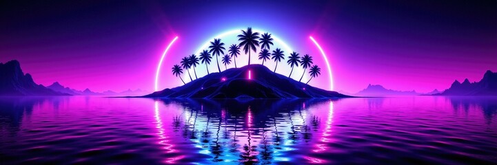 Naklejka premium Futuristic neon island silhouette with palm trees reflected symmetrically in calm water against a vibrant backdrop 