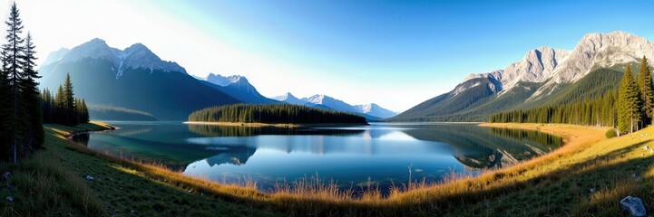 Obraz premium Panoramic alpine lake surrounded by majestic mountains reflected perfectly in tranquil clear water 