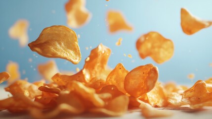 Fototapeta premium Golden Potato Chips Falling on Blue Background