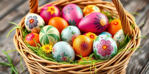 Wicker basket overflowing with vibrant, hand-painted Easter eggs, basket,  rustic