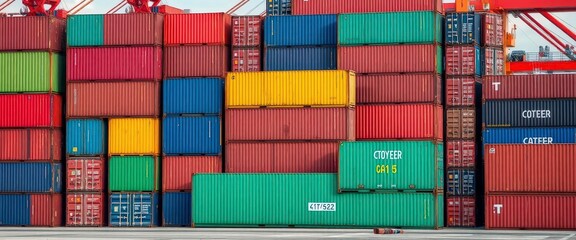 Naklejka premium Stacked cargo containers at a busy port terminal, economy, heavy equipment