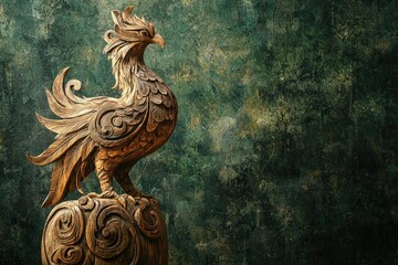 Intricate wooden carving of a mythical phoenix bird, perched atop a sculpted base, against a textured green background.