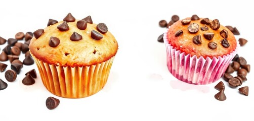 Watercolor-painted muffin, chocolate chips, white background, delicate texture, art, sweet