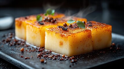 Golden squares of sweet, spiced dessert.  Crispy topping with herbs, and a warm, inviting aroma