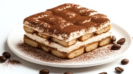 Delicious Tiramisu Dessert with Coffee Beans on White Plate Close Up