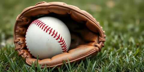 Well-worn baseball glove securely holding a baseball on a grassy field,  aged, catch